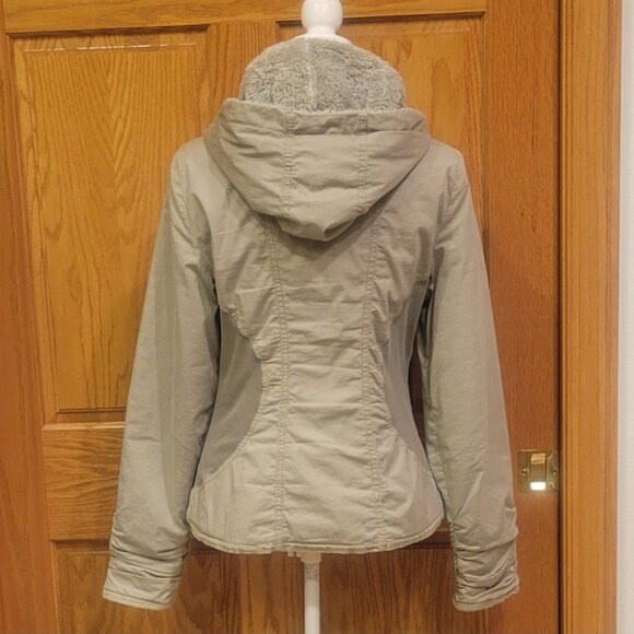XCVI Light Green Khaki 100% Cotton Ruched Plush Fleece Lined Hooded Jacket Sz L - Picture 7 of 16